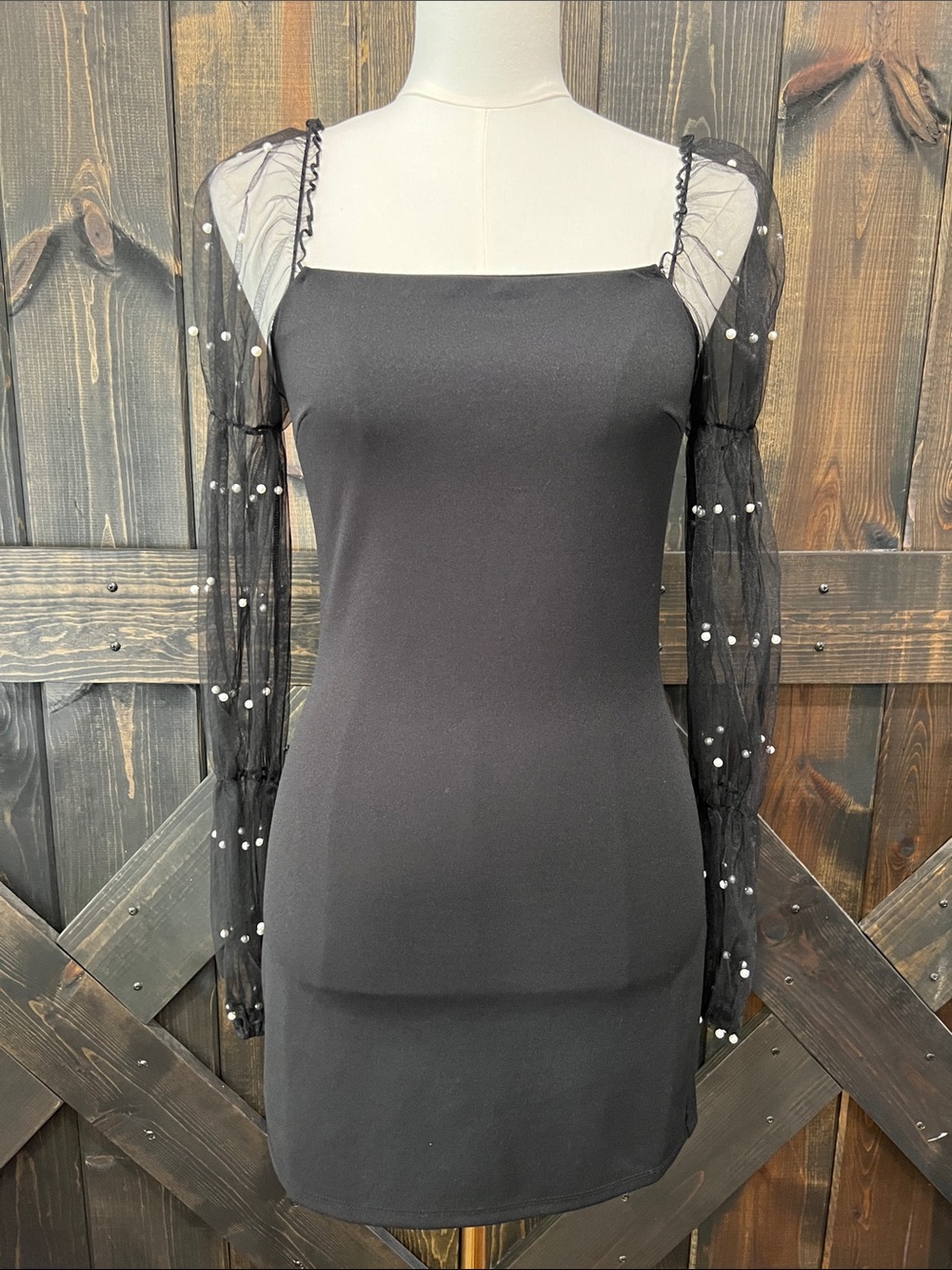 Thirty‎ Thirty Black Bodycon Mesh Pearl Sleeve Mini Dress S Fairy Grunge Sheer